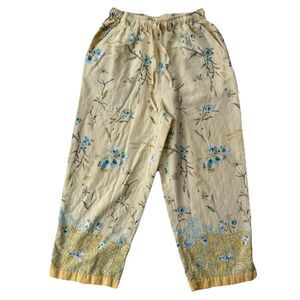 Erika Linen Blend Pants Women’s Size Medium Yellow Floral Cottage Prairie Summer